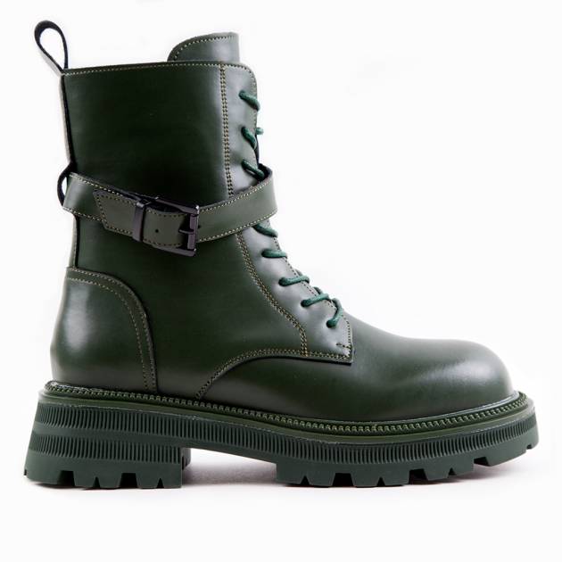 Ботинки из кожи тёмно-зелёного цвета на шнуровке и подошве с протектором